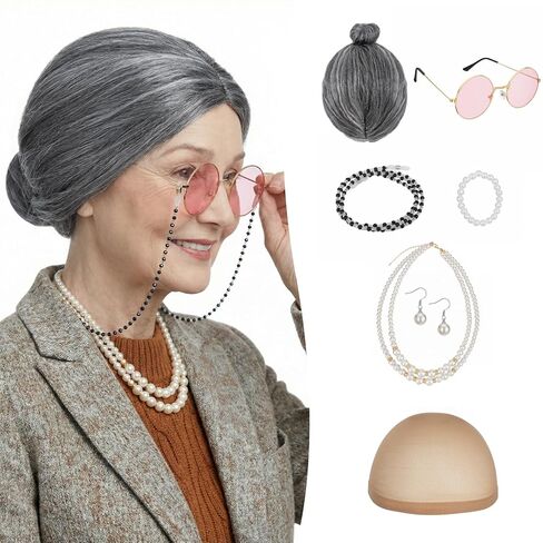 Old Man Wig Costume Kits Grandpa Costume Accessories Grey Wig for Halloween Costume 5 Pieces Glasses Eyebrows Beard Hairnet for 100 Days of School 7.5 Inch Silver Grey in Saudi Arabia