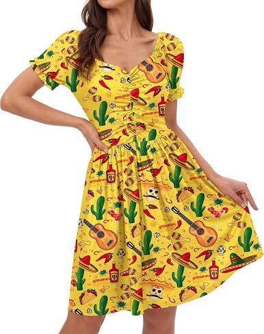 For G and PL Women's Mardi Gras Carnival Valentine Dress Ruched Puff Sleeve Sweetheart Neckline Swing Heart Print Dress in Saudi Arabia