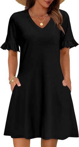 Zeagoo Summer Casual Dresses for Women A Line Sun Dress Ruffle Short Sleeve V Neck Floral Tshirt Dress with Pockets in Saudi Arabia