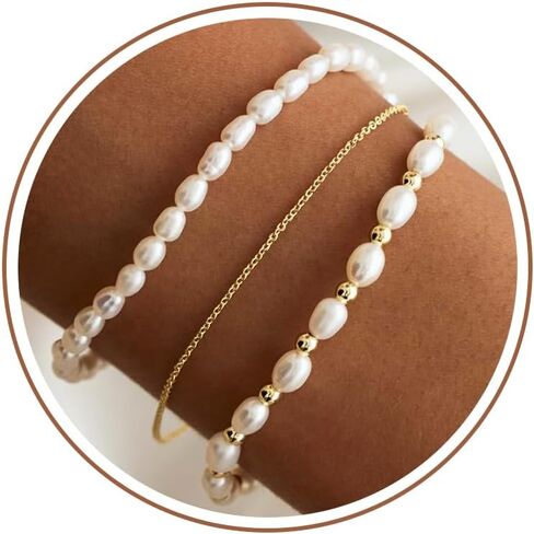 Pearl Bracelets for Women, 14k Gold Plated Dainty Beaded Bracelets Stack Link Chain Charm Bracelets Set Layered Tiny Jewelry for Women Christmas Gifts in Saudi Arabia