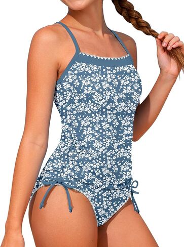 Girls Swimsuit 2 Piece Contrast Trim Tankini Swimsuit Ruched Bathing Suit Side Tie Swimwear Set for 9-16 Years in Saudi Arabia