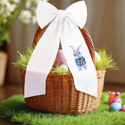 Seersucker Easter Basket Bow Stripe Bunny Baskets Bow with Embroidery Rabbit Large Pastel Gift Bows for Easter Party (Pink,Cute) in Saudi Arabia