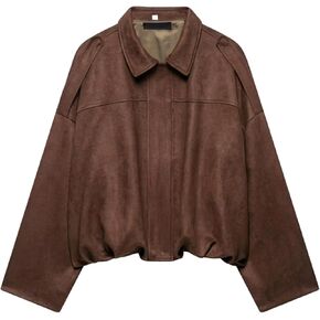 Women's Suede Bomber Jackets Casual Overasized Batwing Sleeve Pleated Elastic Hem Coats Streetwear(Khaki-S) in Saudi Arabia