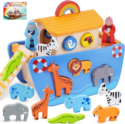 مجموعة ألعاب سفينة نوح الخشبية للحيوانات، هدايا المعمودية لعمر 2 3 4 سنوات من الأولاد والبنات، خرز جلد، فارز الأشكال، ألعاب سفينة مونتيسوري نوح مع كتاب قصة الكتاب المقدس للأطفال بعمر 24 شهرًا in Kuwait