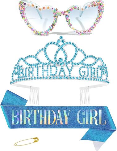 3Pcs Birthday Girl Sash Headband Set-Birthday Sash Tiara and Crown Sunglasses for Girls Women in Saudi Arabia