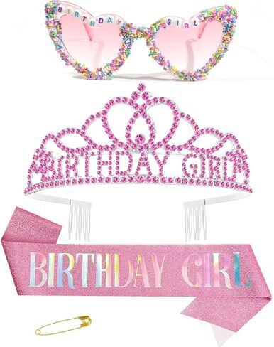 3Pcs Birthday Girl Sash Headband Set-Birthday Sash Tiara and Crown Sunglasses for Girls Women in Saudi Arabia