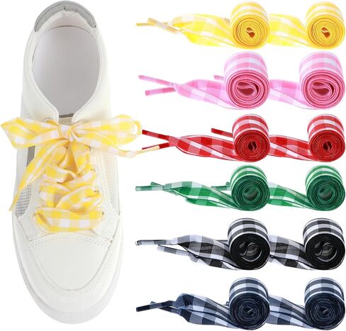 6 Pair Satin Ribbon Shoe Laces Women, Colored Gingham Flat Shoelaces for Sneakers Cute Funny Ballet Shoe Strings Bag Decoration (6 Colors) in Saudi Arabia
