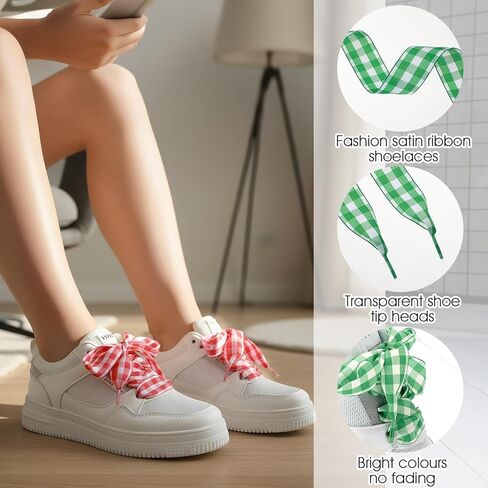 6 Pair Satin Ribbon Shoe Laces Women, Colored Gingham Flat Shoelaces for Sneakers Cute Funny Ballet Shoe Strings Bag Decoration (6 Colors) in Saudi Arabia