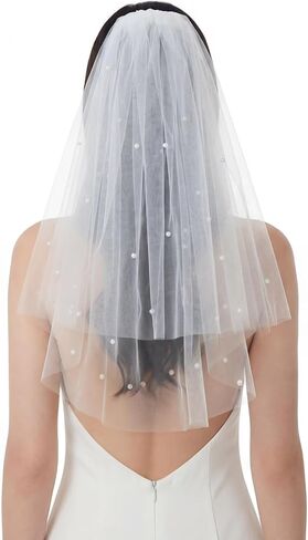 Bride Veil, 22.4 Inch Short White Bachelorette Veil With Bow & Pearls - Elegant Tulle Comb Hold, Bridal Bridesmaid Gift for Women and Girls in Saudi Arabia