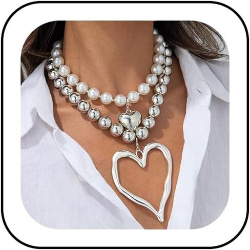 Layered Y2k Large Chunky Gold Heart Beaded Choker Necklace for Women Trendy, Statement Oversized Silver Hollow Love Heart Drop Necklaces Jewelry Gift in Saudi Arabia