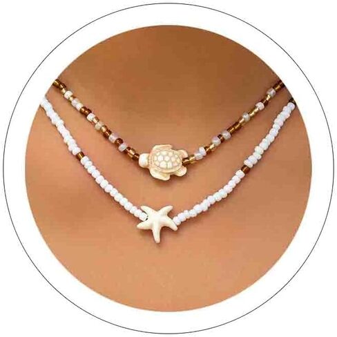 Layered Starfish Necklace Beach Jewelry for Women Seashell Cowrie Puka Shell Necklaces for Women Beach Necklace Turtle Beaded Choker Necklaces Ocean Jewelry in Saudi Arabia