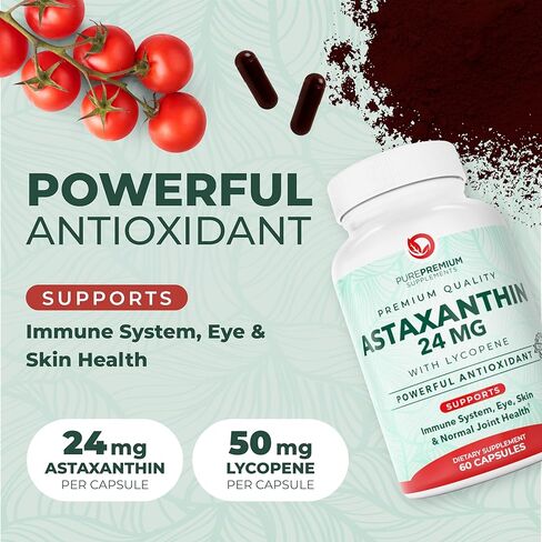 مكملات PurePremium Astaxanthin - أستازانتين 24 مجم مع الليكوبين 50 مجم مكملات مضادات الأكسدة لصحة الجلد والعين، ودعم المفاصل الطبيعي ودعم الجهاز المناعي - غير معدلة وراثيًا - 60 قطعة in Kuwait
