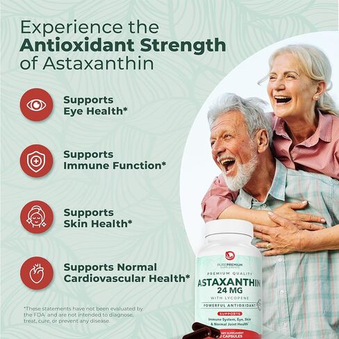مكملات PurePremium Astaxanthin - أستازانتين 24 مجم مع الليكوبين 50 مجم مكملات مضادات الأكسدة لصحة الجلد والعين، ودعم المفاصل الطبيعي ودعم الجهاز المناعي - غير معدلة وراثيًا - 60 قطعة in Kuwait