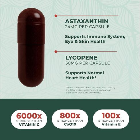 مكملات PurePremium Astaxanthin - أستازانتين 24 مجم مع الليكوبين 50 مجم مكملات مضادات الأكسدة لصحة الجلد والعين، ودعم المفاصل الطبيعي ودعم الجهاز المناعي - غير معدلة وراثيًا - 60 قطعة in Kuwait