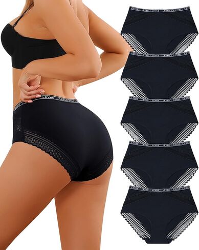 LEVAO Women's Cotton Underwear High Waisted Briefs Full Coverage Bikini Panties with Lace Trim Soft Hipster 5 Pack S-XXL in Saudi Arabia