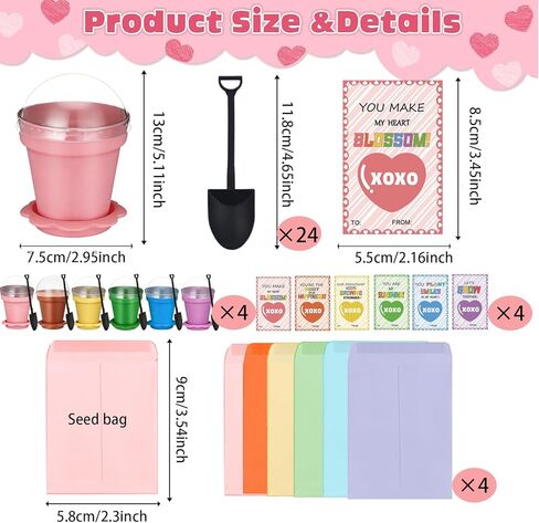 24 Set Valentines Day Cards for Kids Classroom,Nursery Pots with Humidity Dome Shovel and Seed Packet,Small Plastic Plant Pots Valentines Party Favors for Classroom Exchange (Not Included Seeds) in Saudi Arabia