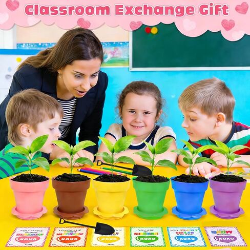 24 Set Valentines Day Cards for Kids Classroom,Nursery Pots with Humidity Dome Shovel and Seed Packet,Small Plastic Plant Pots Valentines Party Favors for Classroom Exchange (Not Included Seeds) in Saudi Arabia