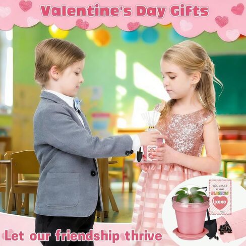 24 Set Valentines Day Cards for Kids Classroom,Nursery Pots with Humidity Dome Shovel and Seed Packet,Small Plastic Plant Pots Valentines Party Favors for Classroom Exchange (Not Included Seeds) in Saudi Arabia