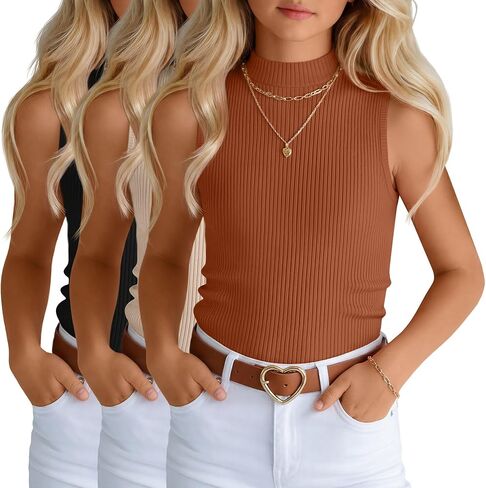 3 Pack Girls' Ribbed Tank Tops Mock Neck Sleeveless Cotton Knit Shirts Kids Slim Fit Casual Summer Basic Tops in Saudi Arabia