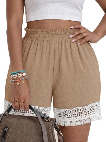 Plus Size Lace Trim Elastic High Waisted Shorts for Women Summer Casual Loose Vacation Beach Lounge Ruffle Shorts in Kuwait