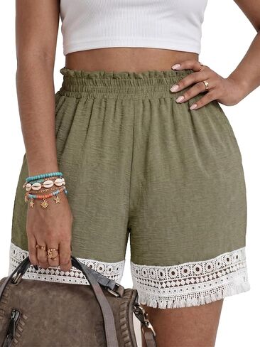 Plus Size Lace Trim Elastic High Waisted Shorts for Women Summer Casual Loose Vacation Beach Lounge Ruffle Shorts in Kuwait