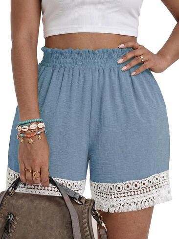 Plus Size Lace Trim Elastic High Waisted Shorts for Women Summer Casual Loose Vacation Beach Lounge Ruffle Shorts in Kuwait