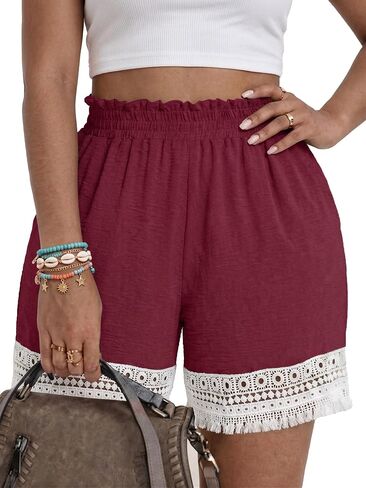 Plus Size Lace Trim Elastic High Waisted Shorts for Women Summer Casual Loose Vacation Beach Lounge Ruffle Shorts in Kuwait