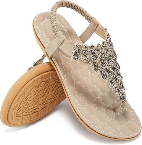 صنادل HARENCE النسائية الصيفية المسطحة: أحذية مسطحة كاجوال بوهيمية أنيقة مريحة سهلة الارتداء بحزام الكاحل المرن صندل الشاطئ in Kuwait