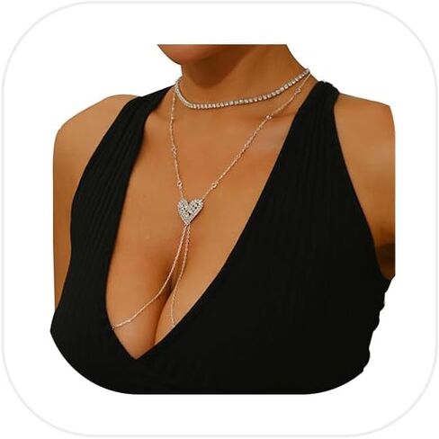 Rhinestone Necklace Sexy Non Piercing Nipple Jewelry Summer Beach Heart-ShapedChest Body Chain Crystal Nipple Body Accessories Jewelry for Women in Saudi Arabia