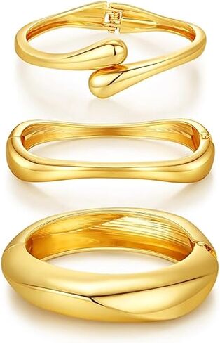 BROCC 3PCS Chunky Gold Bangle Bracelets for Women Trendy Wide Wrist Stackable Bangles Set Open Hinged Bracelet Stack Wide Wire Minimalist Fashion Jewelry in Saudi Arabia