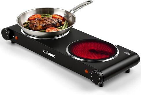 CUSIMAX موقد مزدوج، موقد كهربائي 1800 واط من السيراميك للطهي، موقد مزدوج التحكم بالأشعة تحت الحمراء، موقد كهربائي من الزجاج، نسخة مطورة من الفولاذ المقاوم للصدأ in Kuwait