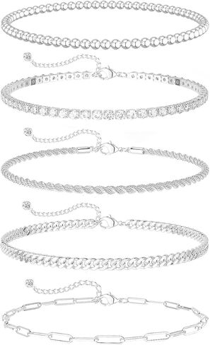 5PCS Silver Bracelets for Women Trendy Non Tarnish Silver Plated Rope Paperclip Cuban Tennis Beaded Link Chain Bracelet Stack Bracelet Set Silver Jewelry for Women Accessories Gifts in Saudi Arabia