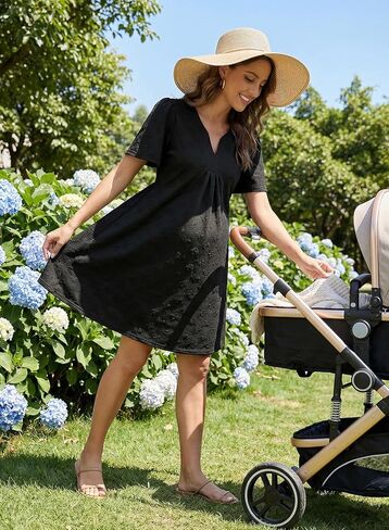 BLENCOT Women's Casual Maternity Swing Dress V Neck Baby Doll Tunic Mini Dresses Short Sleeve Oversize Spring Dress Pockets in Saudi Arabia