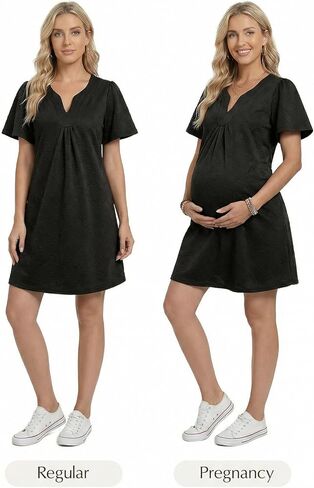 BLENCOT Women's Casual Maternity Swing Dress V Neck Baby Doll Tunic Mini Dresses Short Sleeve Oversize Spring Dress Pockets in Saudi Arabia