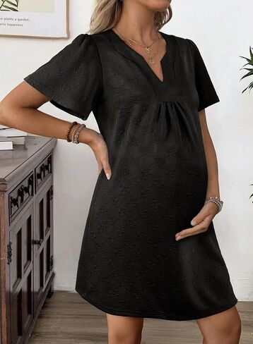 BLENCOT Women's Casual Maternity Swing Dress V Neck Baby Doll Tunic Mini Dresses Short Sleeve Oversize Spring Dress Pockets in Saudi Arabia