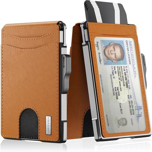 محفظة umoven للرجال - محفظة جلدية نحيفة تحجب RFID ثنائية الطي مع حامل بطاقات معدني منبثق، مشبك نقود، فتحات لبطاقات الائتمان - محفظة رجالية، ألياف الكربون in Saudi Arabia