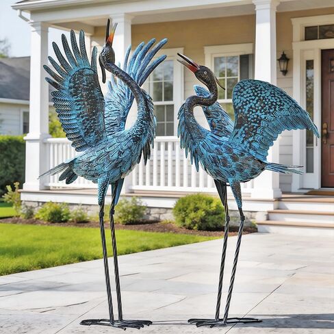 Natelf Garden Crane Sculptures & Statues, Blue Heron Decor Outdoor Large Bird Yard Art, Standing Metal Heron Lawn Ornaments for Home Patio Porch Backyard Decorations(Set of 2) in Saudi Arabia