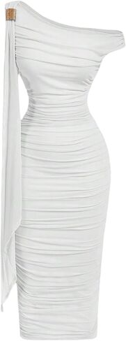 Floerns Women's Elegant Off The Shoulder Midi Dress Metal Sleeveless Ruched Slim Fit Bodycon Party Dresses in Saudi Arabia