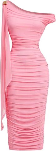 Floerns Women's Elegant Off The Shoulder Midi Dress Metal Sleeveless Ruched Slim Fit Bodycon Party Dresses in Saudi Arabia