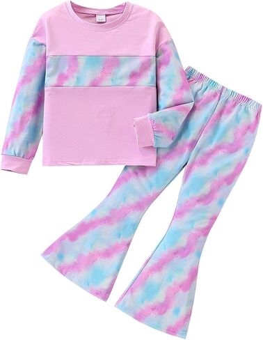 Girls 2 Piece Outfits Long Sleeve Letter Printed Sweatshirt & Flared Pants Fall Clothing Set Size 7-14 Years in Saudi Arabia