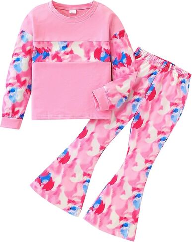 Girls 2 Piece Outfits Long Sleeve Letter Printed Sweatshirt & Flared Pants Fall Clothing Set Size 7-14 Years in Saudi Arabia