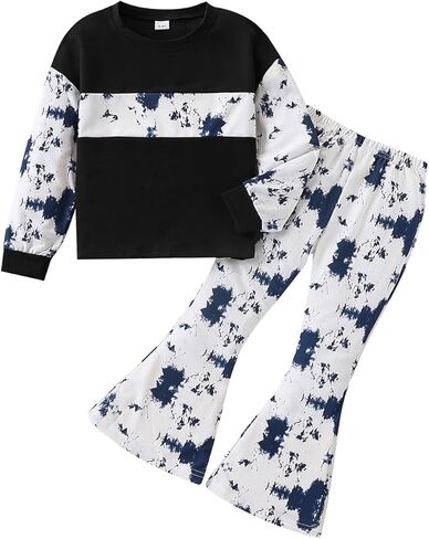 Girls 2 Piece Outfits Long Sleeve Letter Printed Sweatshirt & Flared Pants Fall Clothing Set Size 7-14 Years in Saudi Arabia