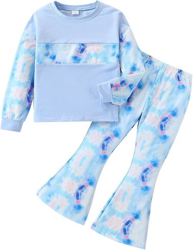 Girls 2 Piece Outfits Long Sleeve Letter Printed Sweatshirt & Flared Pants Fall Clothing Set Size 7-14 Years in Saudi Arabia