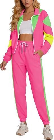 Aluvee 80s Track Suit Women Set 90s Windbreaker Outfit Retro Color Block Sportswear Set With Jacket Sweatpants in Saudi Arabia