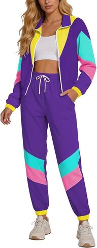 Aluvee 80s Track Suit Women Set 90s Windbreaker Outfit Retro Color Block Sportswear Set With Jacket Sweatpants in Saudi Arabia