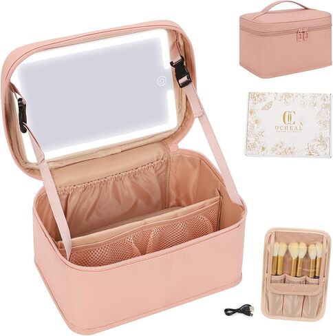 Makeup Bag With LED Mirror, Lightweight Travel Makeup Bag With 3 Color Setting Light Up Mirror Cosmetic Makeup Organizer Vanity Case for Women Beauty Tools Accessories Rechargeable Train Case-Floral in Saudi Arabia