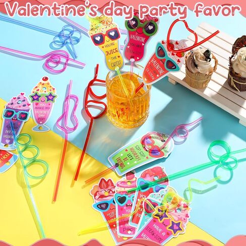 48 Pcs Valentines Day Gift Cards with Colorful Loop Drinking Straws Reusable Crazy Straws for Valentines Exchange Party Supplies(Aluminum Can) in Saudi Arabia