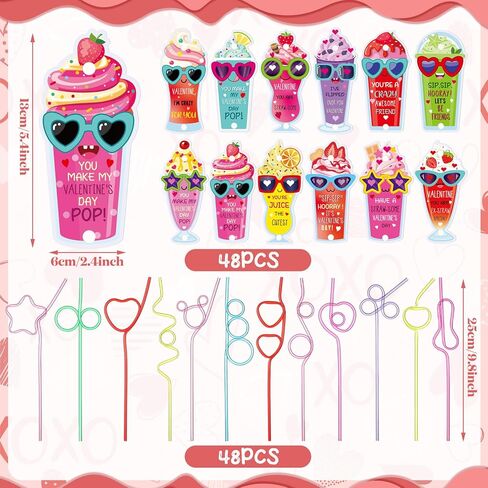 48 Pcs Valentines Day Gift Cards with Colorful Loop Drinking Straws Reusable Crazy Straws for Valentines Exchange Party Supplies(Aluminum Can) in Saudi Arabia