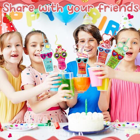 48 Pcs Valentines Day Gift Cards with Colorful Loop Drinking Straws Reusable Crazy Straws for Valentines Exchange Party Supplies(Aluminum Can) in Saudi Arabia