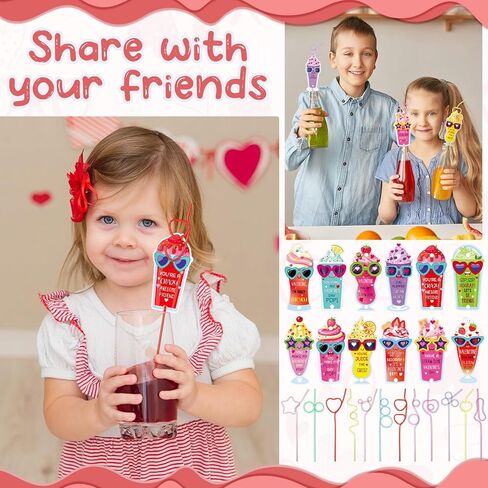 48 Pcs Valentines Day Gift Cards with Colorful Loop Drinking Straws Reusable Crazy Straws for Valentines Exchange Party Supplies(Aluminum Can) in Saudi Arabia